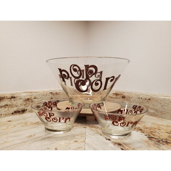 Popcorn Serving Bowls, Wheaton Glass Bowls, 1 Serving Bowl & 2 Individual Bowls - Picture 1 of 8